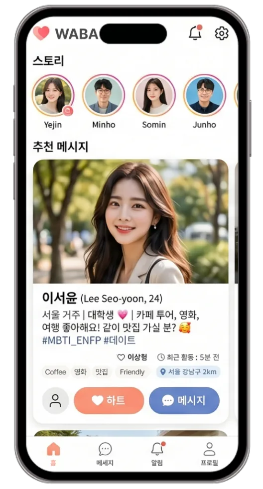 WABA 소셜 피드 앱 화면