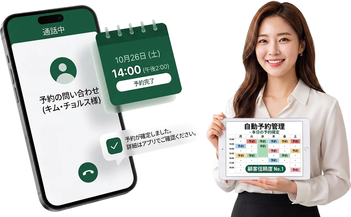 callAI 通話での予約確定画面と予約管理ダッシュボード