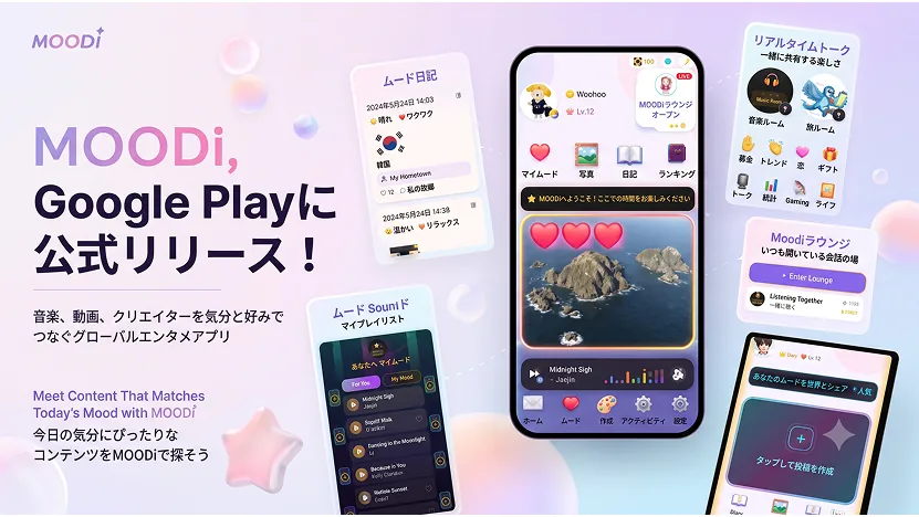 MOODIのGoogle Playリリースと主な機能のコラージュ